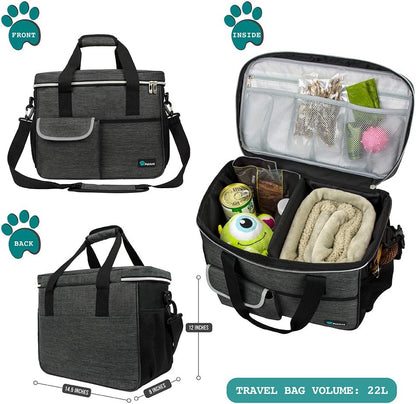 Dog Travel Bag | Airline Approved Tote Organizer with Multi-Function Pockets, Food Container Bag and Collapsible Bowl | Perfect Weekend Pet Travel Set for Dog, Cat