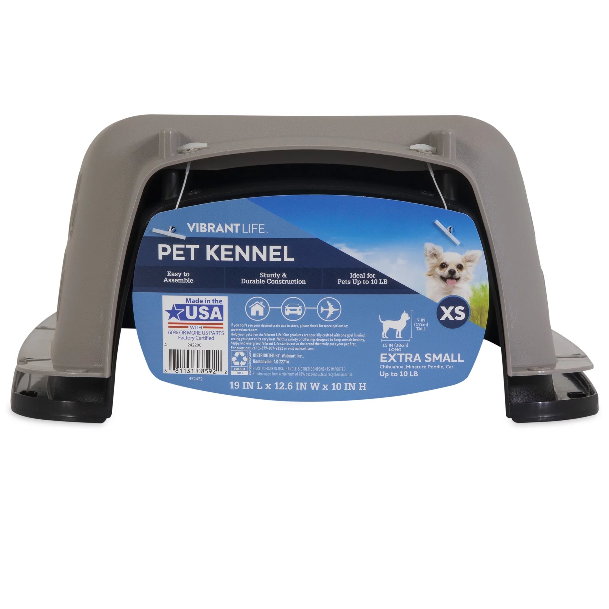 Pet Portable Kennel for Dogs, Hard-Sided Travel Carrier, Durable, Metal Door, Black & Grey, for Pets up to 10 Lbs, 19" L X 12.3" W X 10.8" H