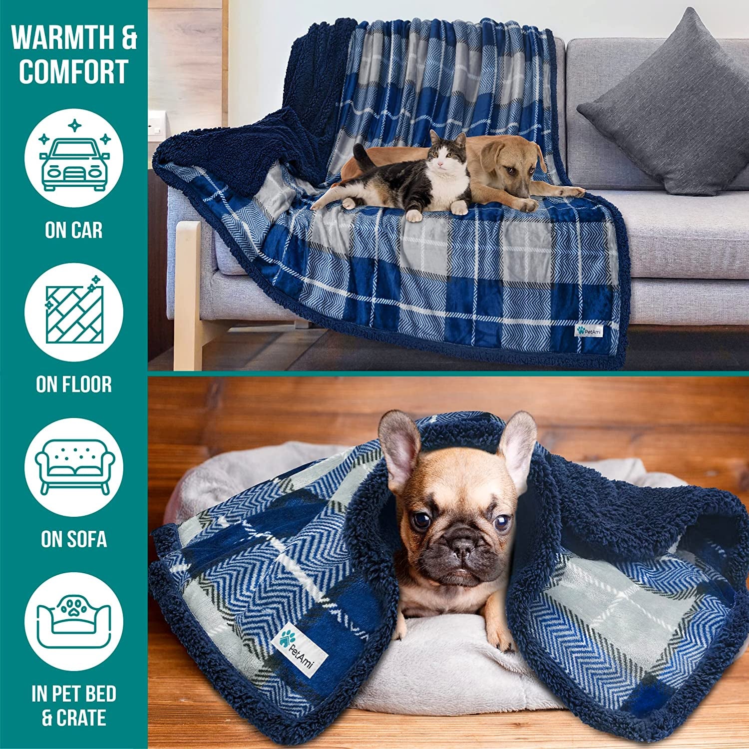 Dog Blanket, Plaid Sherpa Dog Blanket | Plush, Reversible, Warm Pet Blanket for Dog Bed, Couch, Sofa, Car (Navy, 60X80 Inches)