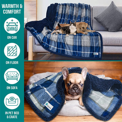 Dog Blanket, Plaid Sherpa Dog Blanket | Plush, Reversible, Warm Pet Blanket for Dog Bed, Couch, Sofa, Car (Navy, 60X80 Inches)
