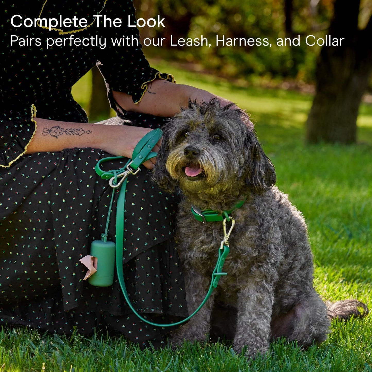 Poop Bag Holder and Dispenser for Dogs with Leash Attachment, Leak Proof, Easy Twist Top for Refills, Includes 1 Roll, Black