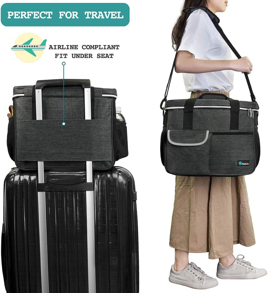 Dog Travel Bag | Airline Approved Tote Organizer with Multi-Function Pockets, Food Container Bag and Collapsible Bowl | Perfect Weekend Pet Travel Set for Dog, Cat