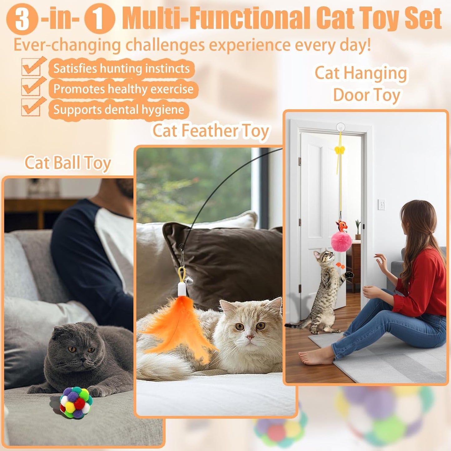 4-In-1 Interactive Cat Toys Set with Suction Cup Wand, Hanging Cat Toys, Fishing Pole Cat Wand & Kitten Balls- Includes Variety Replaceable Worms, Feathers for Indoor Bored Cats for Exercise