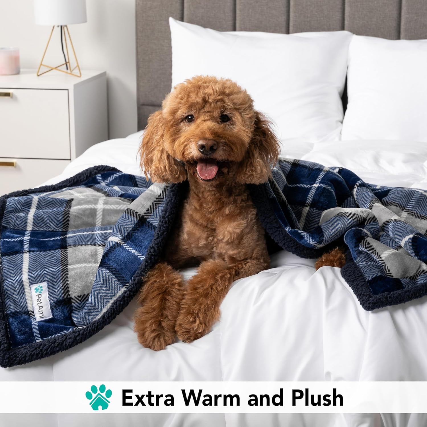 Dog Blanket, Plaid Sherpa Dog Blanket | Plush, Reversible, Warm Pet Blanket for Dog Bed, Couch, Sofa, Car (Navy, 60X80 Inches)