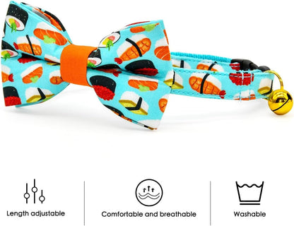 Sushi Cat Collar Bow Tie, Breakaway Safety Plastic Buckle, Bowtie Collar for Kitten (6"-10")