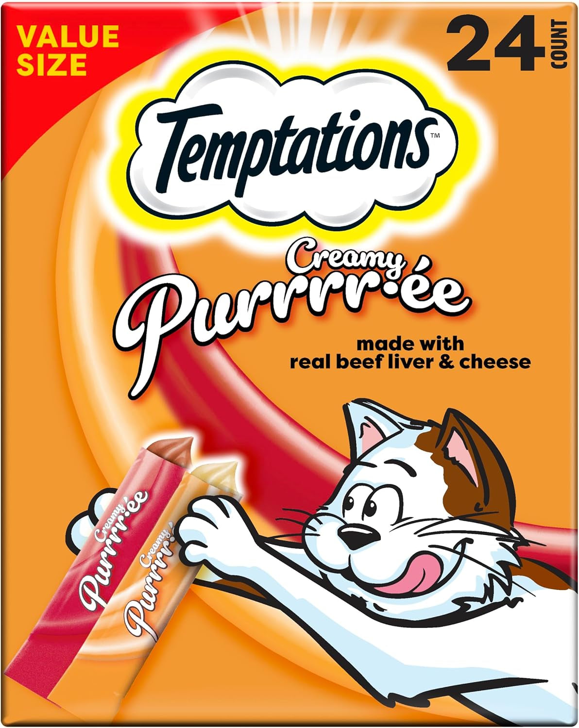 Creamy Puree with Beef Liver and Cheese, Variety Pack of Lickable, Squeezable Cat Treats, 0.42 Oz Pouches, 24 Count